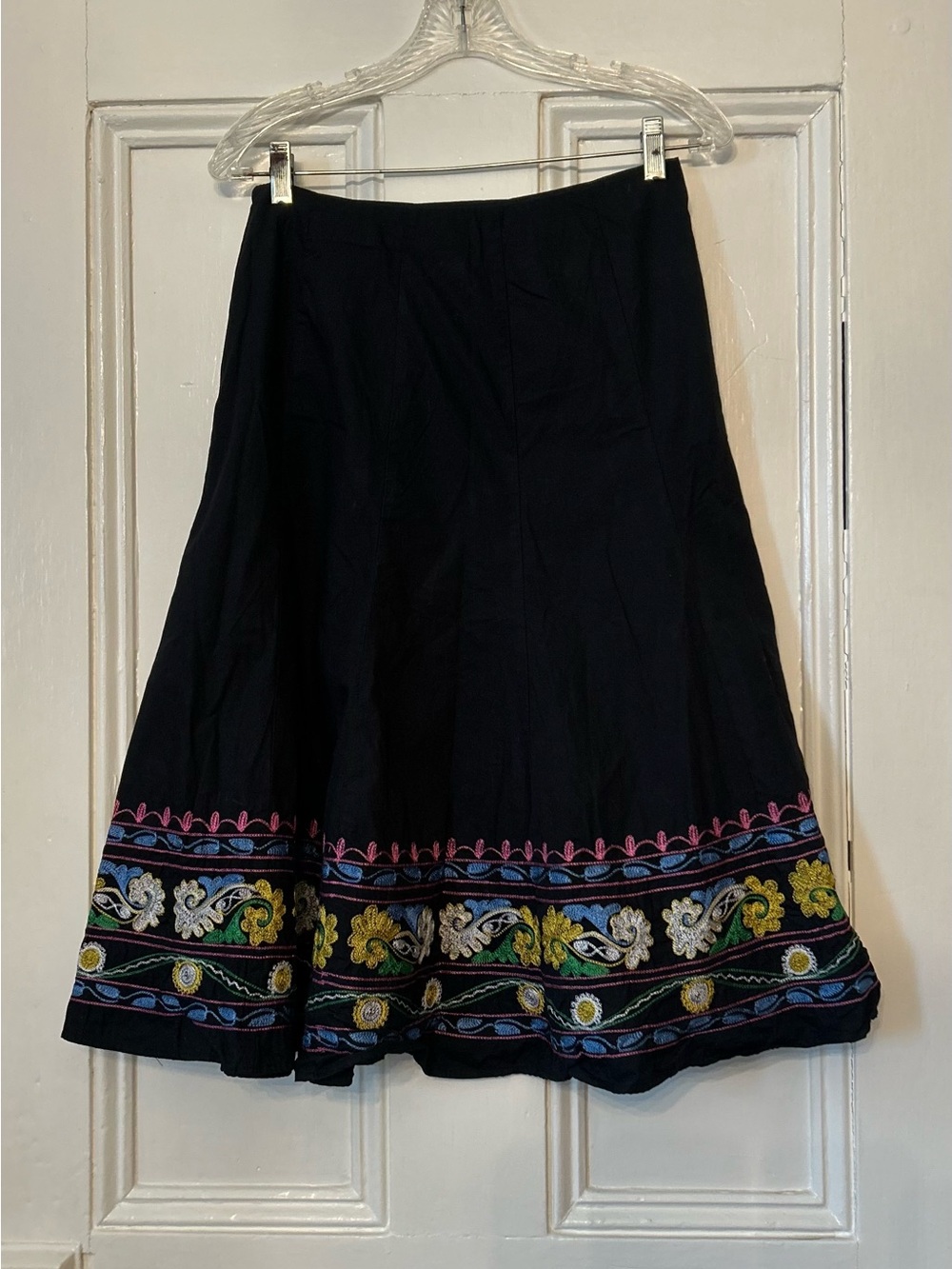 Allison Taylor Embroidered Boho Midi Skirt 6 | Black Floral Vacation Ready
